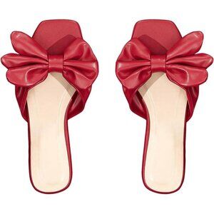 Women's Bow Red Square Open Toe Breathable Slip On Slide Sandals Flat Shoes